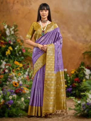 Purple weaving paper silk blend saree with matching paper silk blend blouse 1