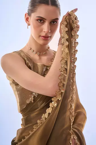 gold jimmy choo saree with Sequin codding lace border ethnic girlie saree