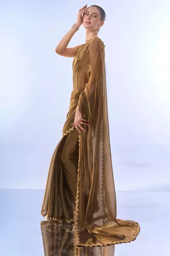 gold jimmy choo saree with Sequin codding lace border ethnic girlie saree