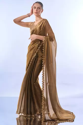 gold jimmy choo saree with Sequin codding lace border ethnic girlie saree