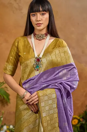 Purple weaving paper silk blend saree with matching paper silk blend blouse