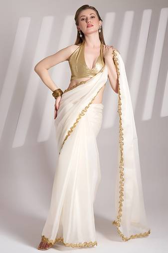 white color jimmy choo fabric saree with sequance codding lace border ethnic girlie saree