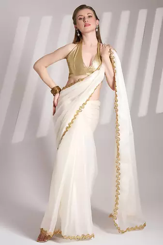 white color jimmy choo fabric saree with sequance codding lace border ethnic girlie saree