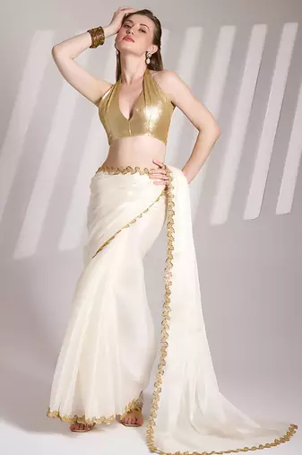 white jimmy choo saree with Sequin codding lace border ethnic girlie saree