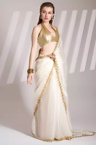 white jimmy choo saree with Sequin codding lace border ethnic girlie saree