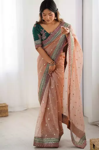 peach color banarasi crush fabric graceful partywear sequins embroidered saree