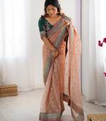 peach color banarasi crush fabric graceful partywear sequins embroidered saree