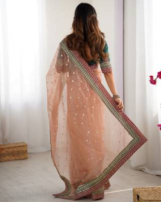 peach faux banarasi crush graceful partywear sequins embroidered saree 2