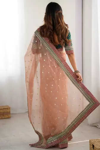 peach faux banarasi crush graceful partywear sequins embroidered saree