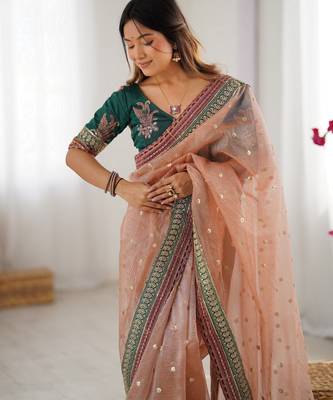 peach faux banarasi crush graceful partywear sequins embroidered saree 3