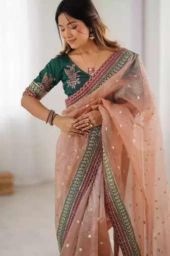peach faux banarasi crush graceful partywear sequins embroidered saree