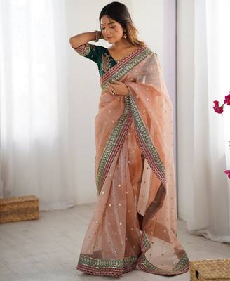 peach faux banarasi crush graceful partywear sequins embroidered saree 4