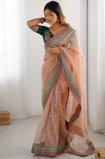 peach faux banarasi crush graceful partywear sequins embroidered saree