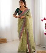 pista color banarasi crush fabric graceful partywear sequins embroidered saree