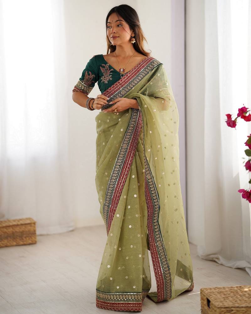 pista color banarasi crush fabric graceful partywear sequins embroidered saree