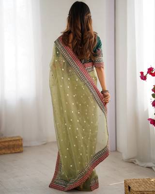pista faux banarasi crush graceful partywear sequins embroidered saree 2