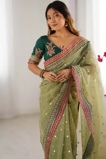 pista faux banarasi crush graceful partywear sequins embroidered saree