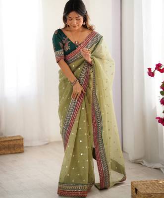 pista faux banarasi crush graceful partywear sequins embroidered saree 4