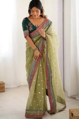pista faux banarasi crush graceful partywear sequins embroidered saree