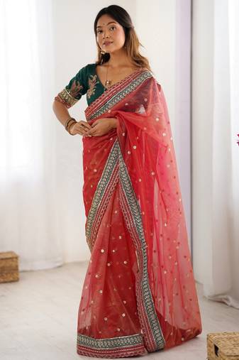 red color banarasi crush fabric graceful partywear sequins embroidered saree