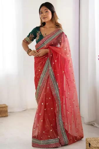 red color banarasi crush fabric graceful partywear sequins embroidered saree