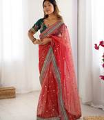 red color banarasi crush fabric graceful partywear sequins embroidered saree