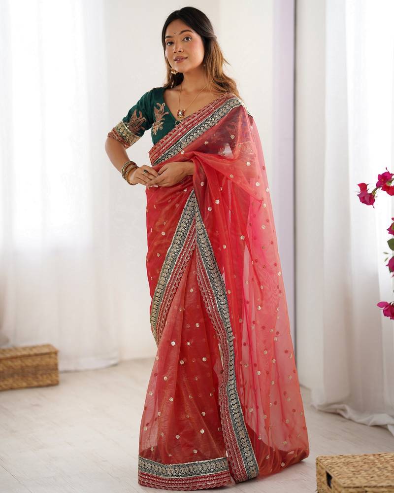 red color banarasi crush fabric graceful partywear sequins embroidered saree