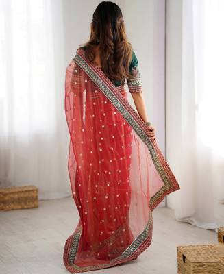 red faux banarasi crush graceful partywear sequins embroidered saree 2