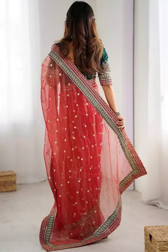 red faux banarasi crush graceful partywear sequins embroidered saree