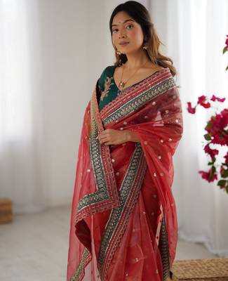 red faux banarasi crush graceful partywear sequins embroidered saree 3