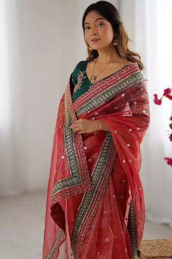 red faux banarasi crush graceful partywear sequins embroidered saree
