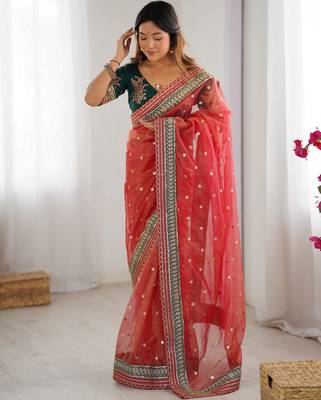 red faux banarasi crush graceful partywear sequins embroidered saree 4