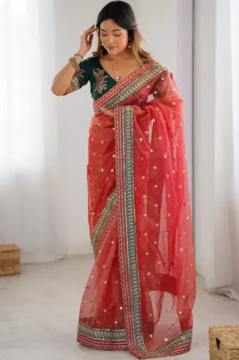 red faux banarasi crush graceful partywear sequins embroidered saree