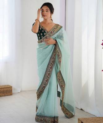 sea green faux banarasi crush graceful partywear sequins embroidered saree 1