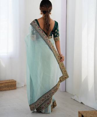 sea green faux banarasi crush graceful partywear sequins embroidered saree 2