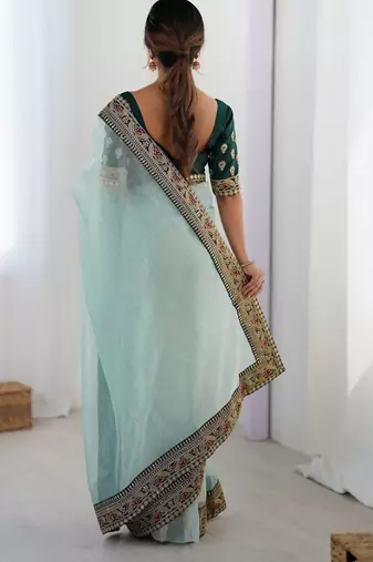 sea green faux banarasi crush graceful partywear sequins embroidered saree