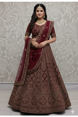 maroon embroidered velvet bridal lehenga set choli with dupatta with double dupatta 5
