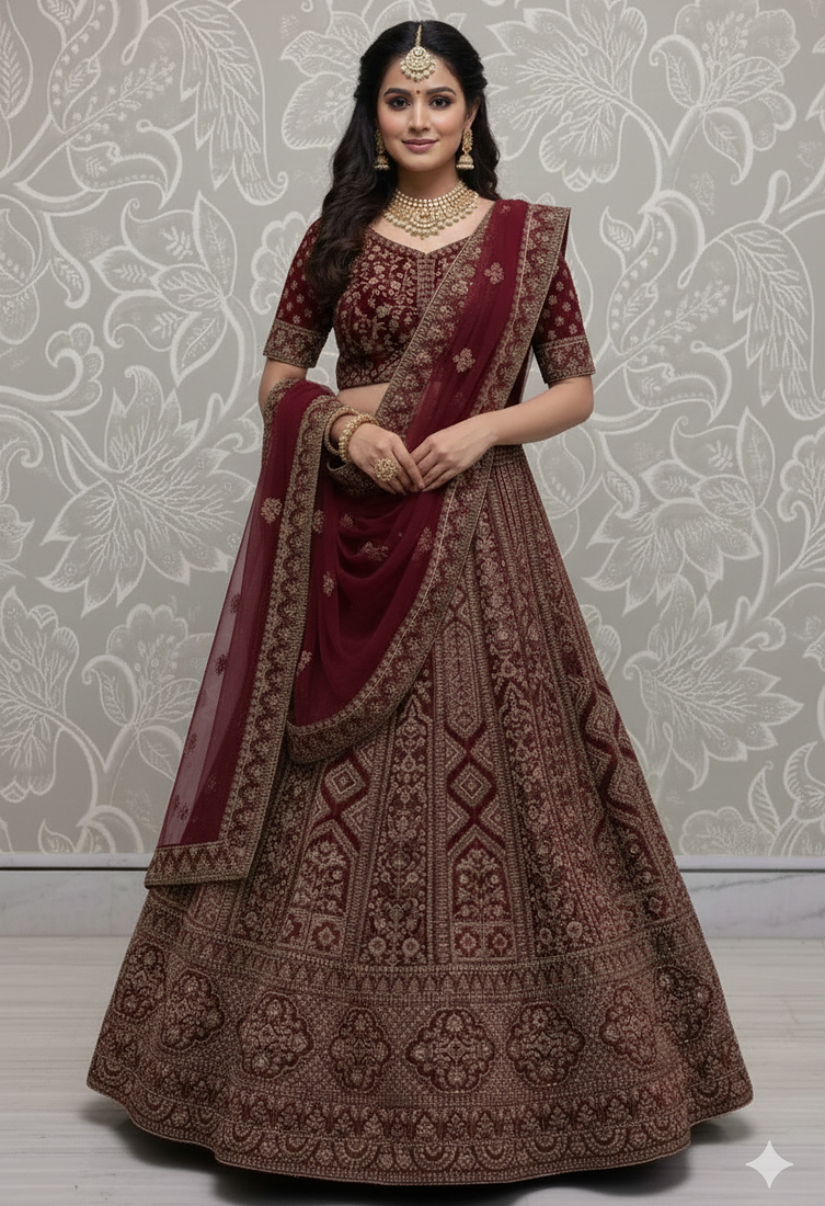 maroon embroidered velvet bridal lehenga set choli with dupatta with double dupatta