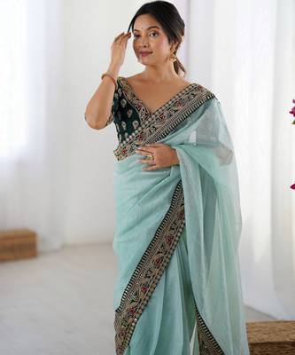 sea green faux banarasi crush graceful partywear sequins embroidered saree 3