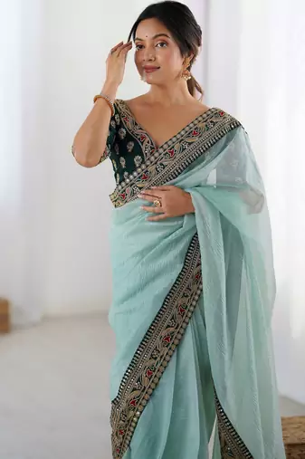 sea green faux banarasi crush graceful partywear sequins embroidered saree