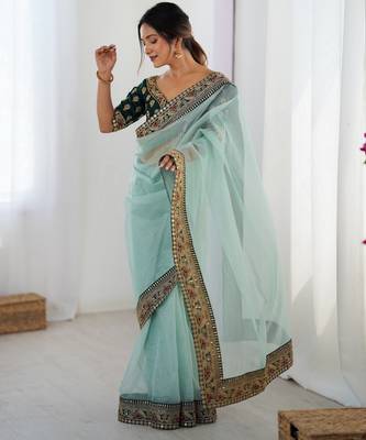 sea green faux banarasi crush graceful partywear sequins embroidered saree 4