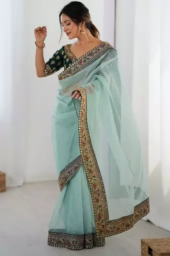 sea green faux banarasi crush graceful partywear sequins embroidered saree
