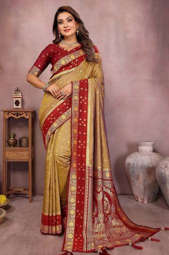 orange color handloom silk blend fabric weaving designer ethnic partywear saree