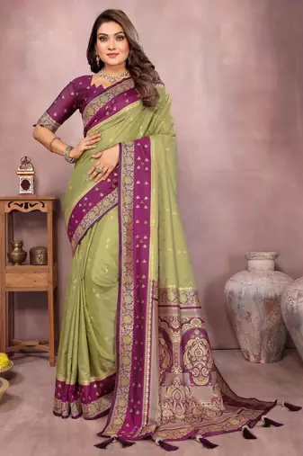 pista color handloom silk blend fabric weaving designer ethnic partywear saree