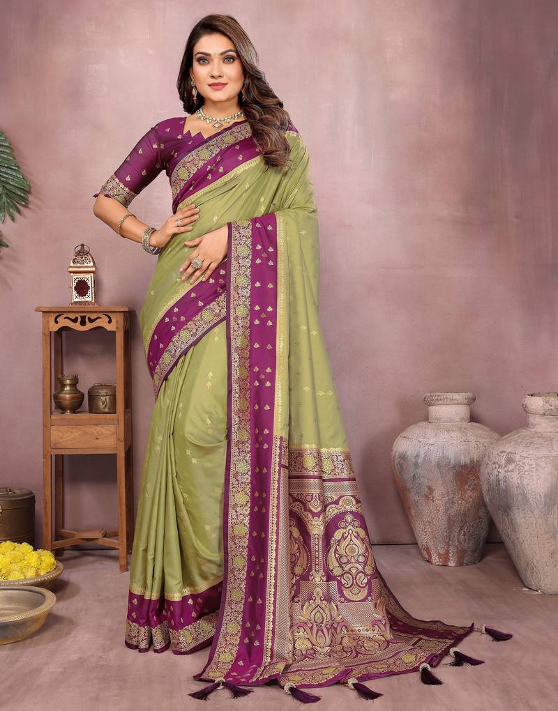 pista color handloom silk blend fabric weaving designer ethnic partywear saree