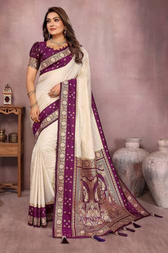 off white color handloom silk blend fabric weaving designer ethnic partywear saree
