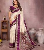 off white color handloom silk blend fabric weaving designer ethnic partywear saree