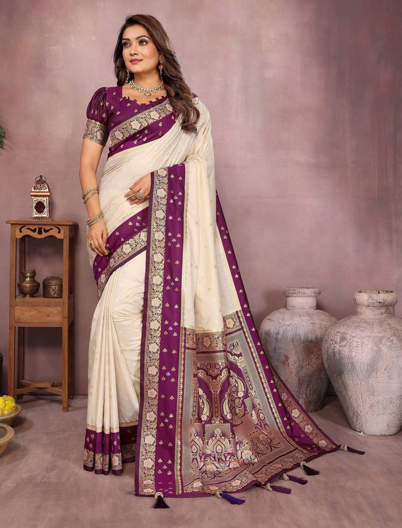 off white color handloom silk blend fabric weaving designer ethnic partywear saree