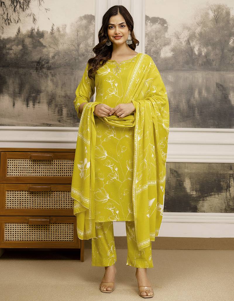 Yellow Pure Cotton Floral Print Kurta Pant with Dupatta Set