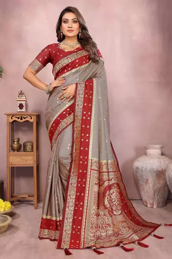 grey color handloom silk blend fabric weaving designer ethnic partywear saree